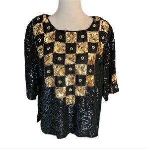 Spell Bound Vintage Black & Gold Sequin Silk Blouse Large